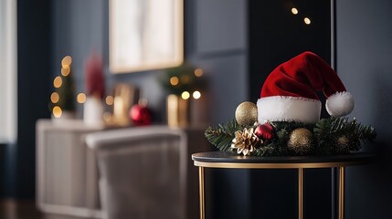 Fototapeta premium Cozy Holiday Decor featuring a Festive Santa Hat on a Table with Christmas Ornaments and a Tasteful Background in a Warm and Inviting Home Environment