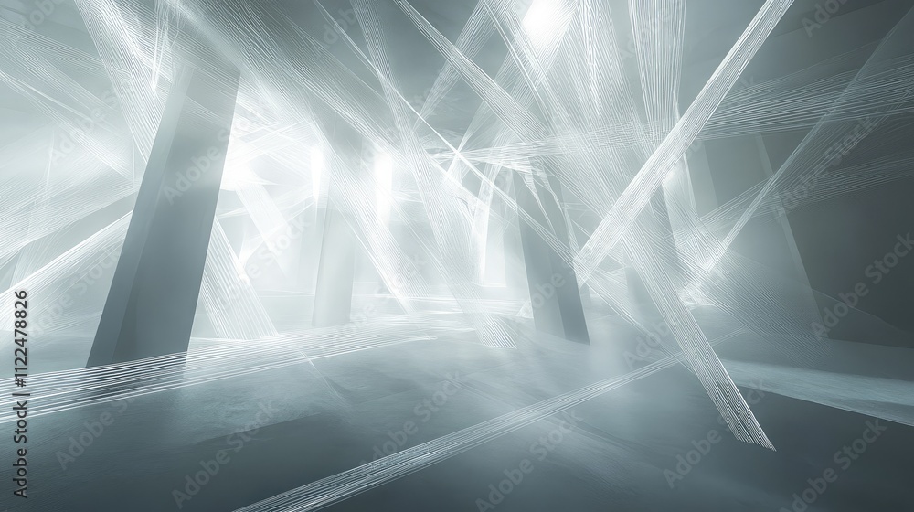 Poster laser beams crisscrossing through a fog-filled room, creating an intense web of light and shadows