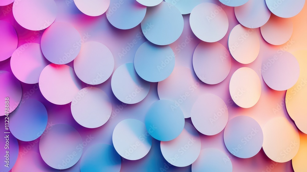 Poster large circular lights in gradient hues, arranged on a wall to form a rhythmic pattern of overlapping