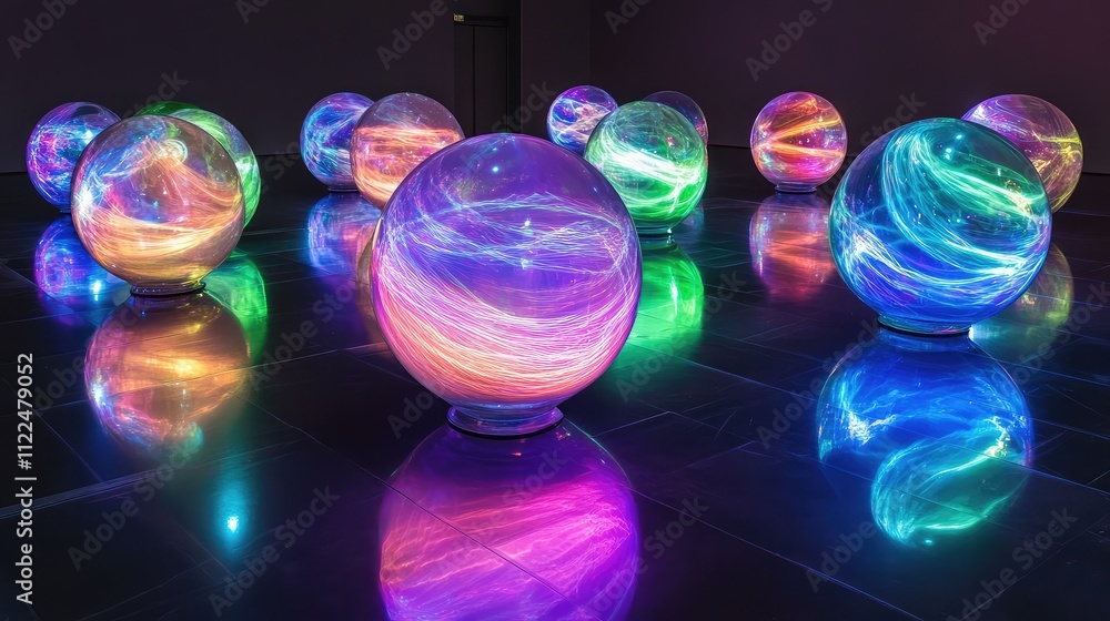 Poster led spheres with swirling color gradients arranged in a grid pattern on a reflective black floor