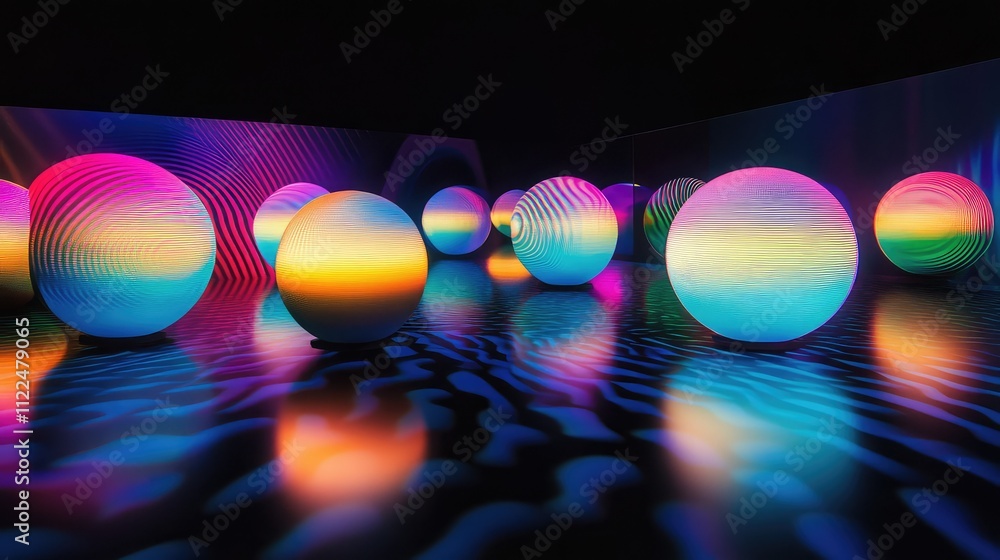Poster led spheres with swirling color gradients arranged in a grid pattern on a reflective black floor