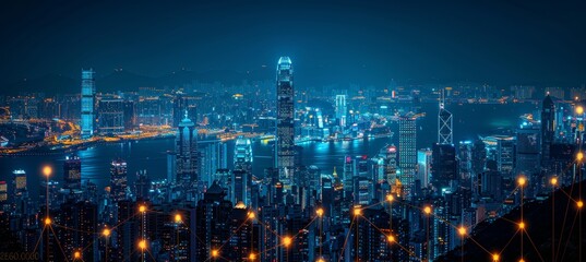 Hong kong skyline merges with financial graphs highlighting investment and trading trends