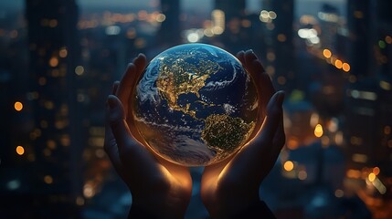 Fototapeta premium Hands Holding Earth Against a Night City Background