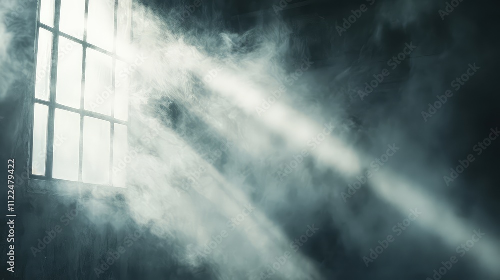 Poster light filtering through dense smoke, creating a hazy atmosphere in an industrial setting