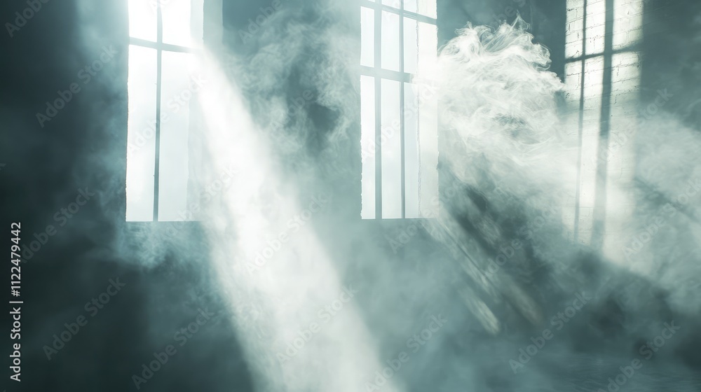 Poster light filtering through dense smoke, creating a hazy atmosphere in an industrial setting