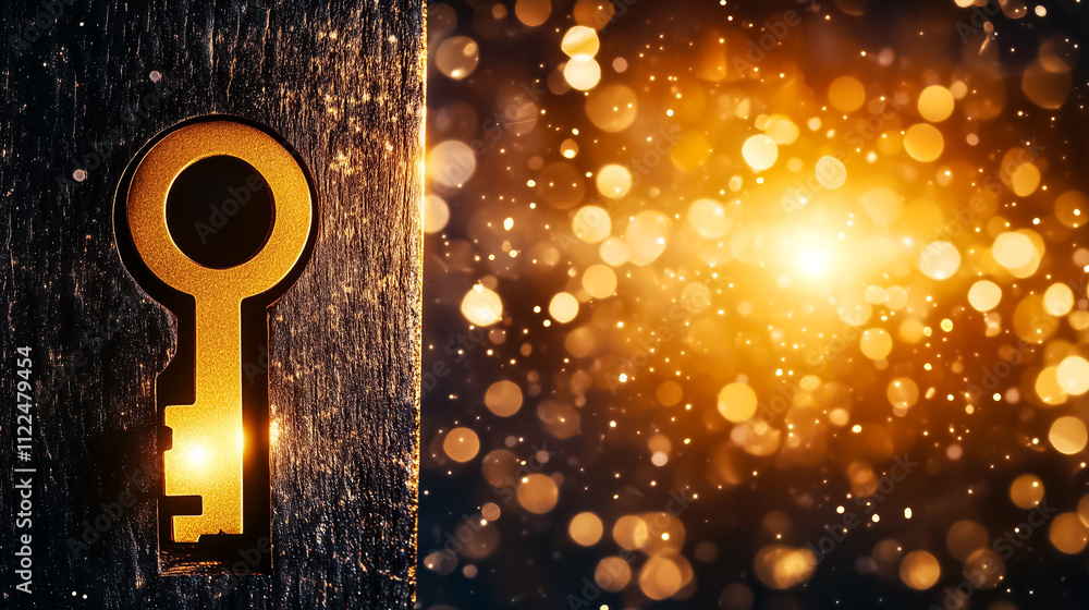 Poster light streams through a vintage key hole, illuminating the surrounding area with a warm glow and sof