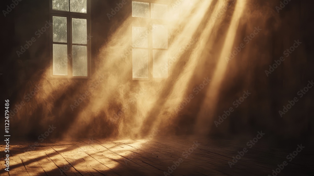 Poster light filtering through smoky haze, casting dynamic beams and shadows in a quiet, dark space