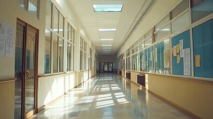 Empty school hallway with sunlight Education concept