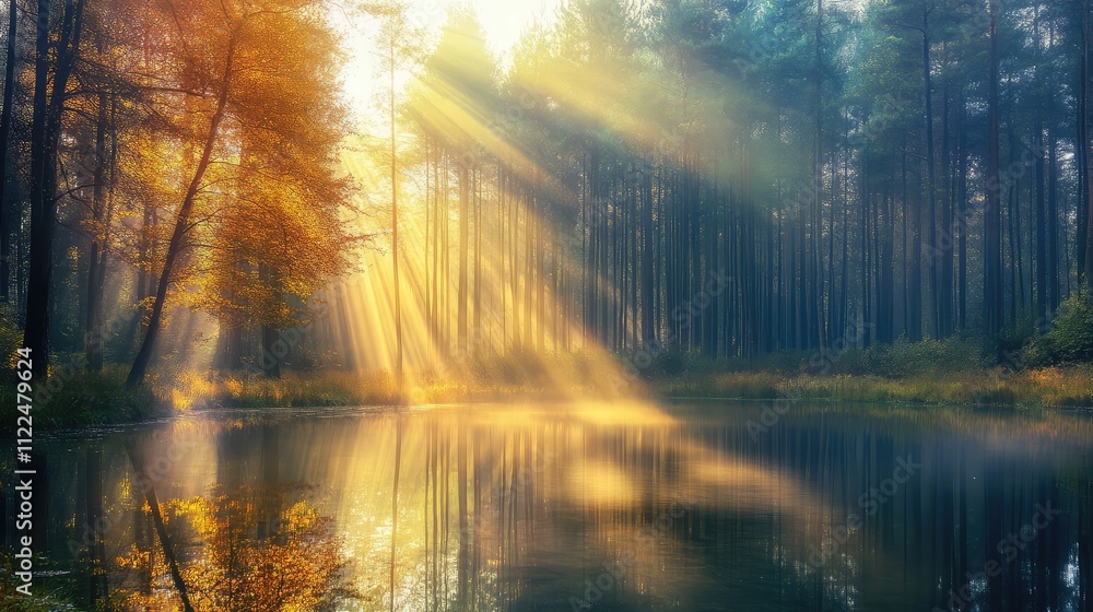 Poster light filtering through trees, reflecting in a calm pond surrounded