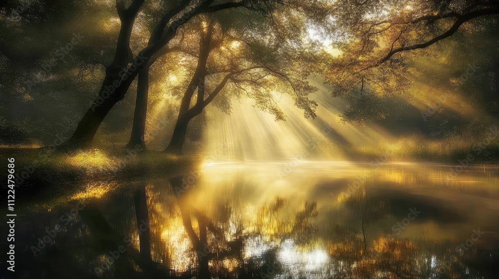 Poster light filtering through trees, reflecting in a calm pond surrounded