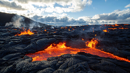 Red glowing lava flows from a volcano. View of the crater from above. Steam and smoke near the crater. cooled magma around craters. clouds in the sky at day