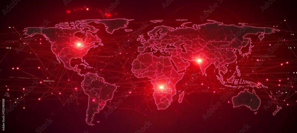 Poster World map alert danger with red light glow. Global earth atlas. Generative AI technology.