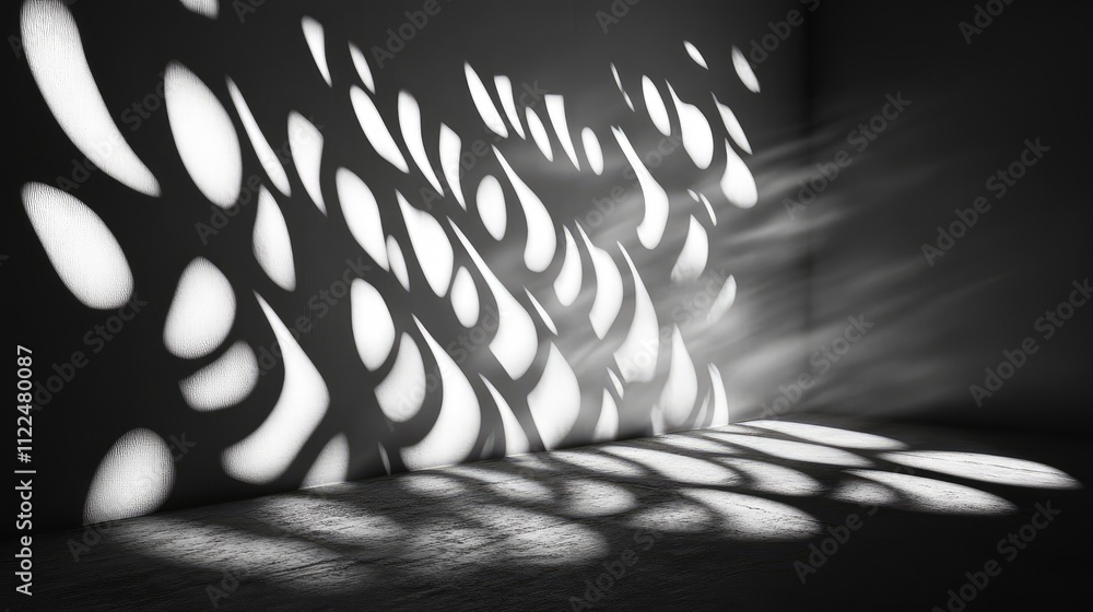 Poster light from an open window casting elongated, organic patterns on a dark wall