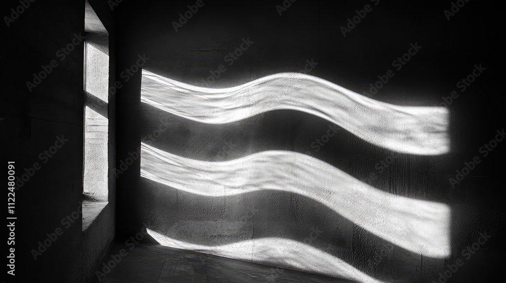 Poster light from an open window casting elongated, organic patterns on a dark wall