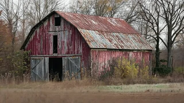 Weathered and abandoned barns, standing alone in rural fields, forgotten by time.