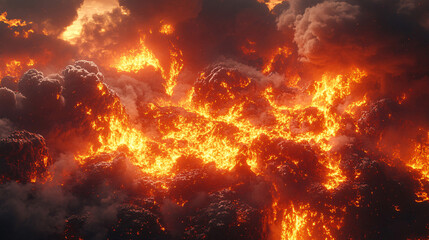 Red glowing lava flows from a volcano. View of the crater from above. Steam and smoke near the crater. cooled magma around craters. clouds in the sky at day