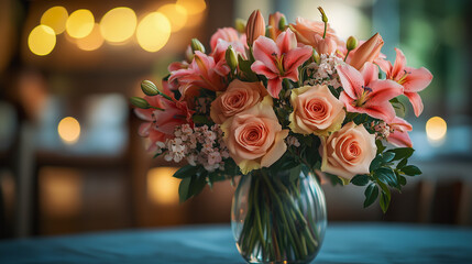 Fototapeta premium bouquet of roses and lilies in a glass vase, set on a table with soft lighting
