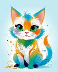 Obraz premium Cute cartoon cat with big eyes. Adorable domestic animal sitting. Colorful cat.