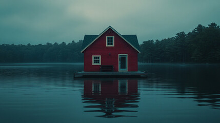 Obraz premium Red house on a calm lake surrounded by trees in misty evening light