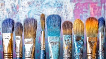 Fototapeta premium Oil painting brushes and applied oil paintings