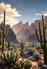 Rocky mountains looming over a forest of cacti and trees , earthy, terrain, cactus