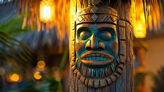 Intricate Tiki Mask Carved on Wooden Post at Night