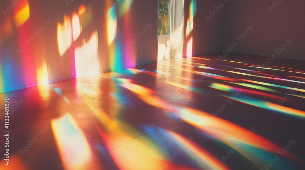 Poster light refractions from a prism hitting a smooth, minimalist floor with colorful patterns