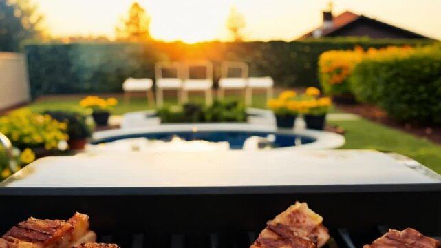 Chef cooking a delicious grilled meats on a big BBQ grill. Cook beff meat. Food cooked with grilling barbecue in backyard of house. Generative AI