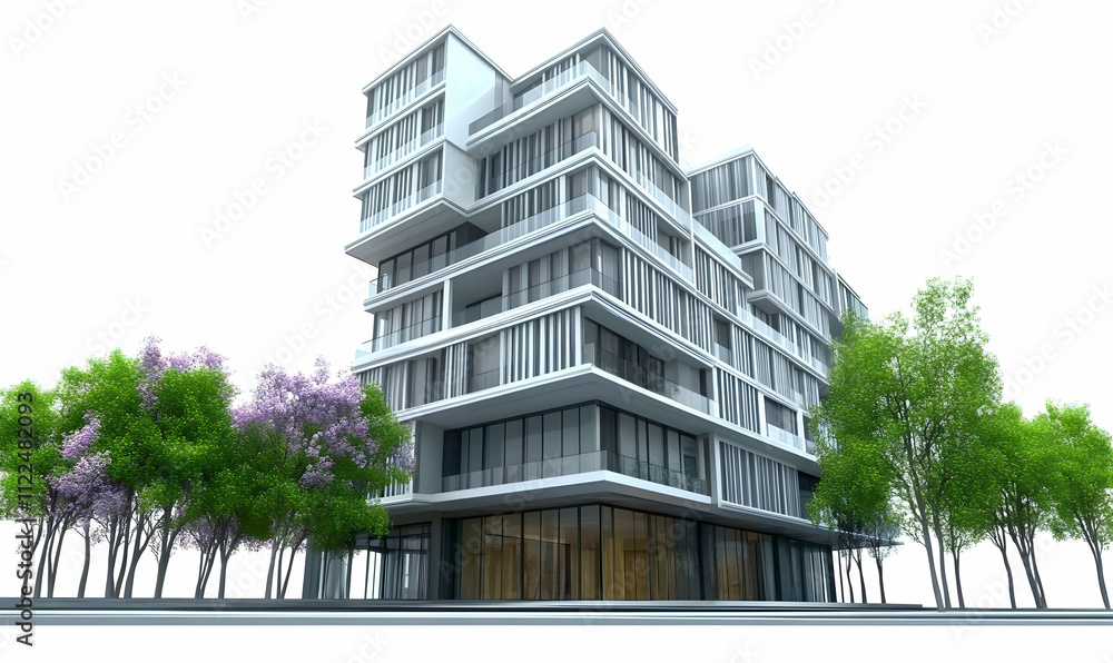 Aufkleber modern architectural design featuring a multi-level building with large glass windows.
