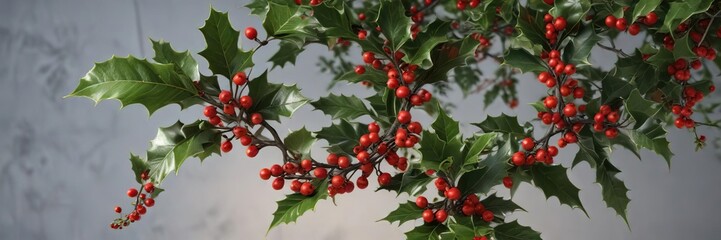 Obraz premium Delicate holly branches are intertwined with lush greenery and adorned with bright red berries, decoration, evergreen, vines