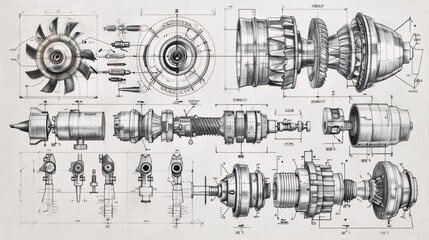 Vintage technical blueprint schematic of a mechanical engineering machinery diagram drawing Engineering schematic with various industrial machine parts and components