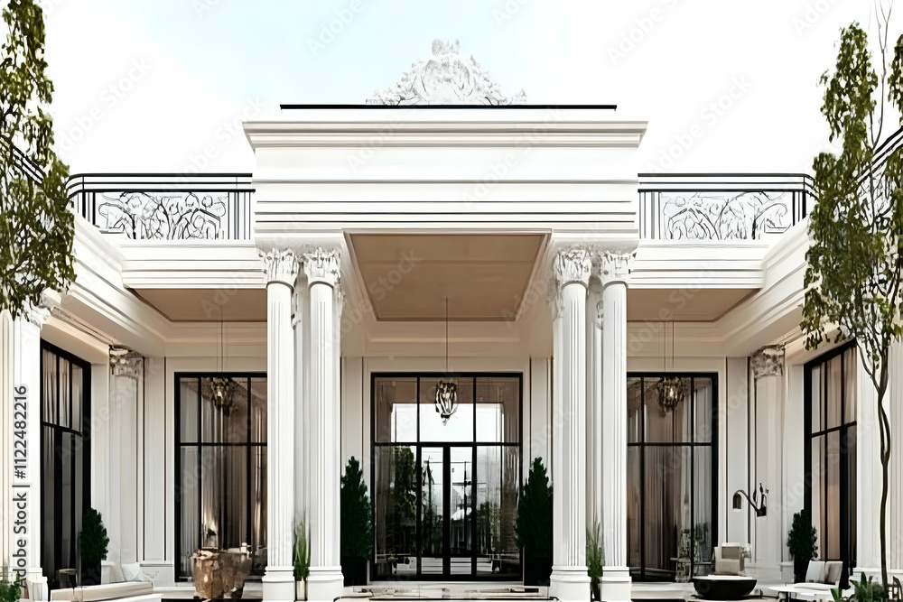 Poster elegant white mansion with columns and large windows, showcasing classical architecture.