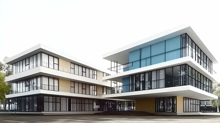 Obraz premium Modern architectural design featuring two interconnected buildings with large glass facades.