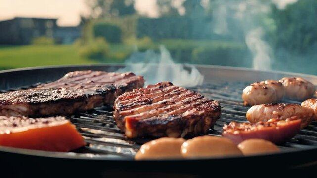 Chef cooking a delicious grilled meats on a big BBQ grill. Cook beff meat. Food cooked with grilling barbecue in backyard of house. Generative AI