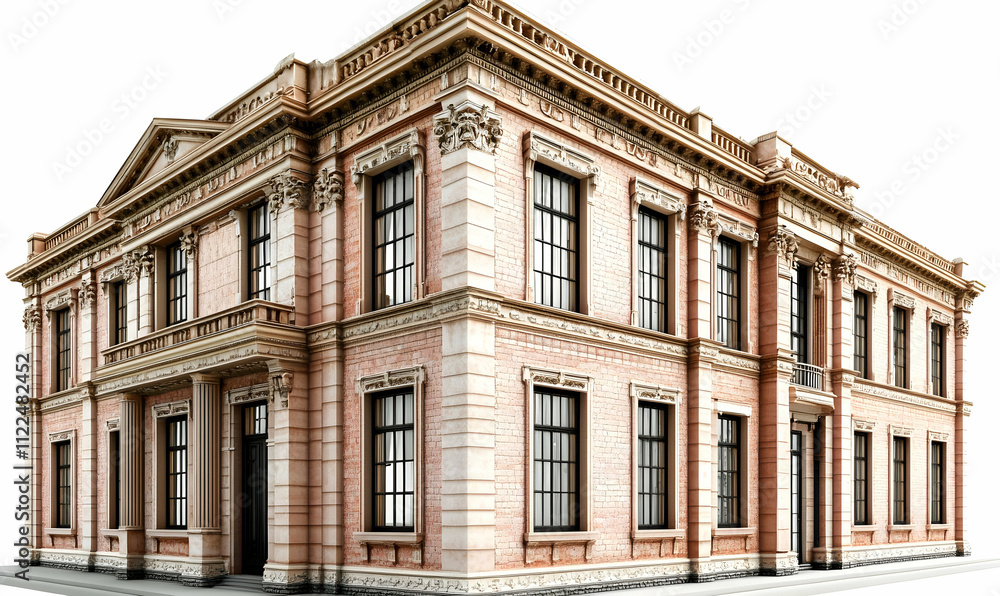Poster a detailed architectural rendering of a historic-style building with ornate features.