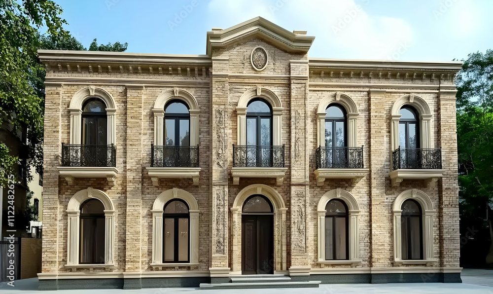 Poster a grand, classical-style building with ornate architecture and large windows.