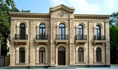 Obraz premium A grand, classical-style building with ornate architecture and large windows.