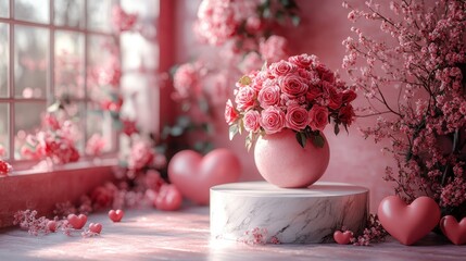 Charming 3D render of a marble podium surrounded by pink and red roses, heart-shaped decorations, and gentle lighting, creating a dreamy Valentine's Day vibe 