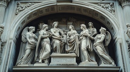 Obraz premium Statues of figures carved from stone on ancient architecture