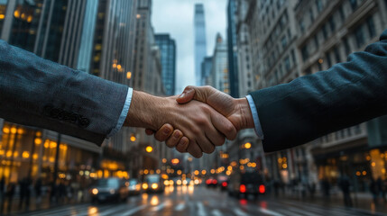 Business Partnership Agreement in Urban Setting with Handshake
