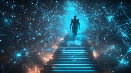 Fototapeta premium Businessman drawing a staircase with his hand on a dark blue background, a concept of business growth and success in sales or human resources,