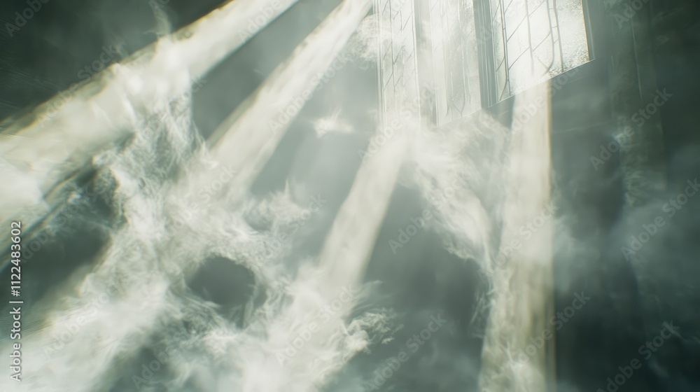 Poster light shining through white smoke, creating glowing patterns and delicate shadows