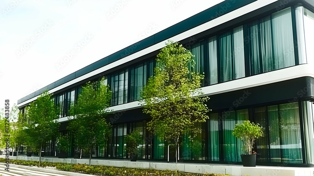 Poster modern building with large windows and surrounding greenery.