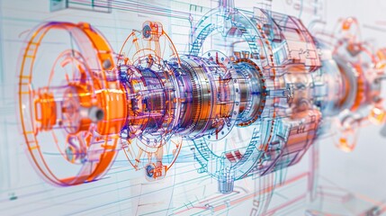 Highly detailed technical schematic or blueprint diagram of a complex jet turbine engine showing the intricate inner workings and components of a modern advanced aerospace propulsion system