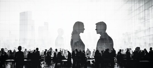 Employee work at office silhouette. Company teamwork job. Generative AI technology.