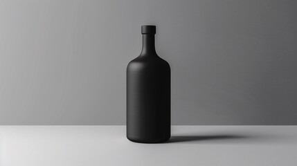 Stylish black glass bottle for liquor or beverage product displayed on a simple clean gray background  Minimalistic modern design mockup template for branding packaging or product photography