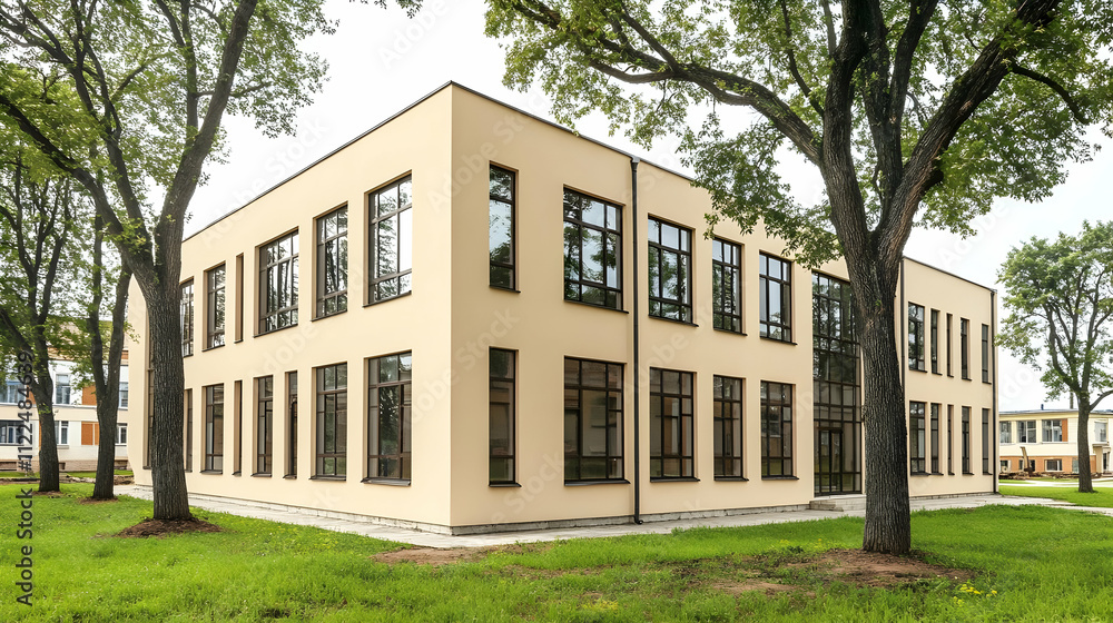 Poster a modern building surrounded by trees, featuring large windows and a minimalist design.