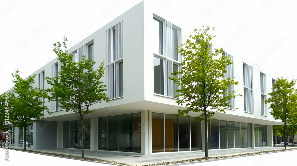 Poster modern architectural building with large windows and surrounding greenery.