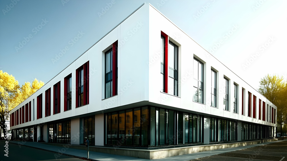 Poster modern architectural building with large windows and red accents.