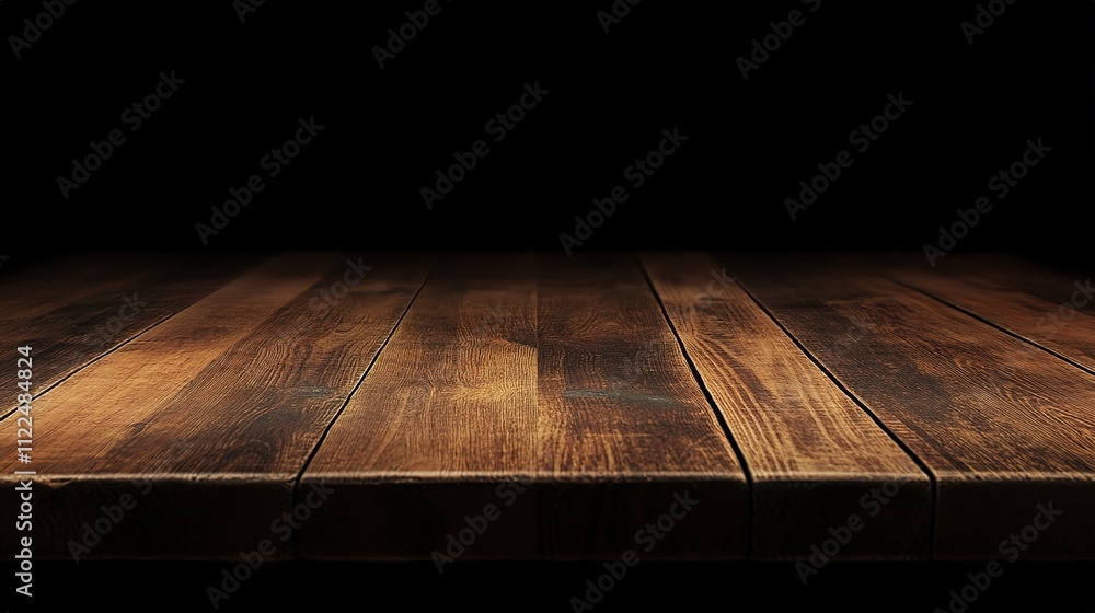 Poster dark wood table top in empty cafe setting with subtle background